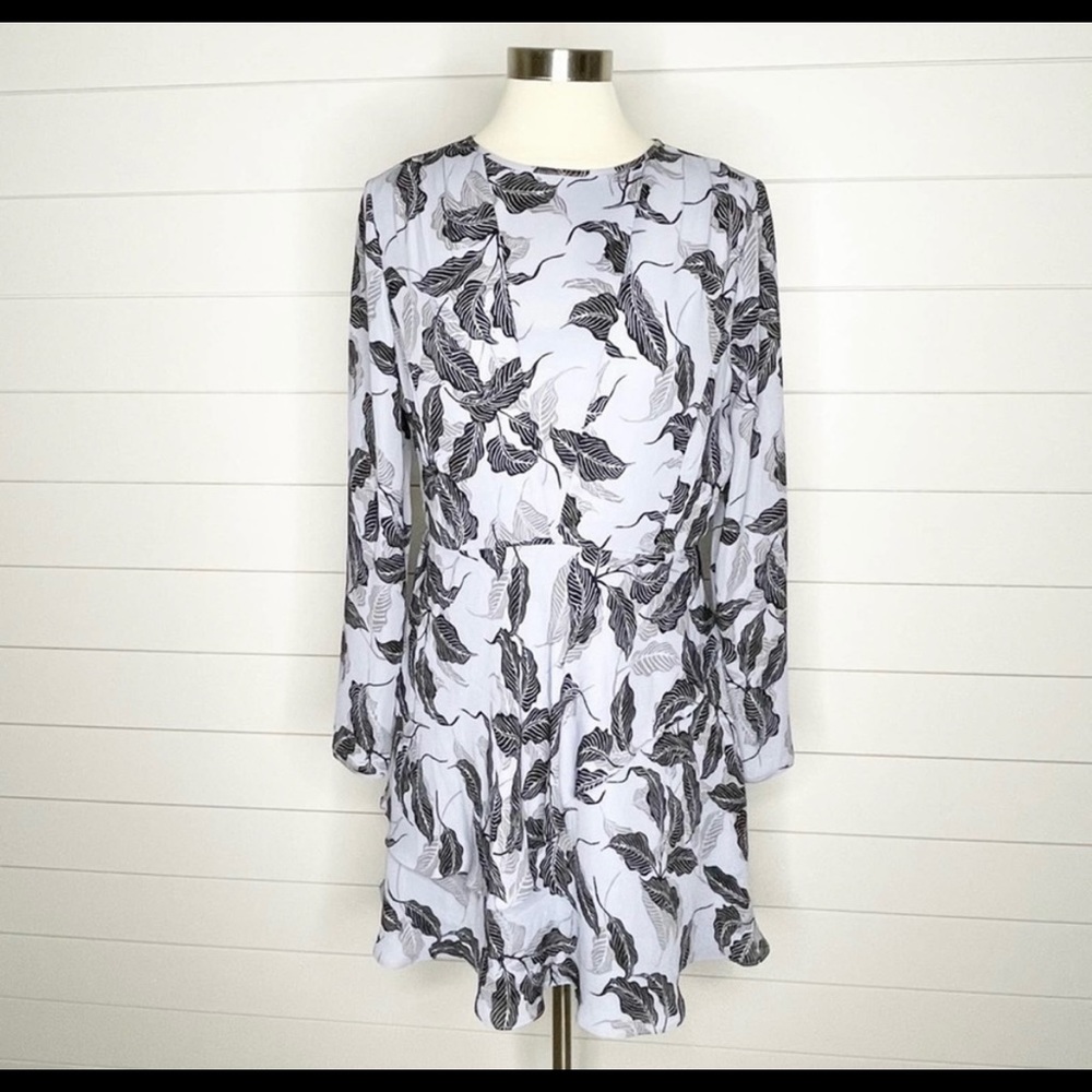 Reiss Lauren Leaf Printed Dress Grey Black Size 8